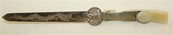 A Chinese pale celadon jade belt hook, mounted as a paperknife, 19th century, handle 9.4cm